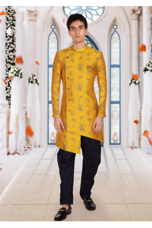 Yellow With Black Color Art Silk Fabric Indo Western